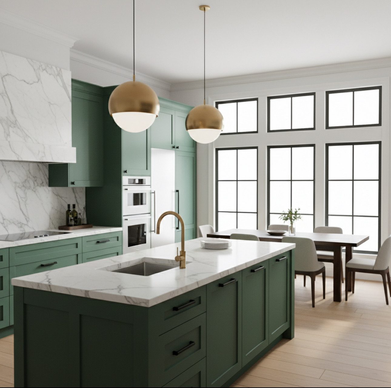 Custom kitchen remodel by Altieri and Sons with green shaker cabinets and marble island