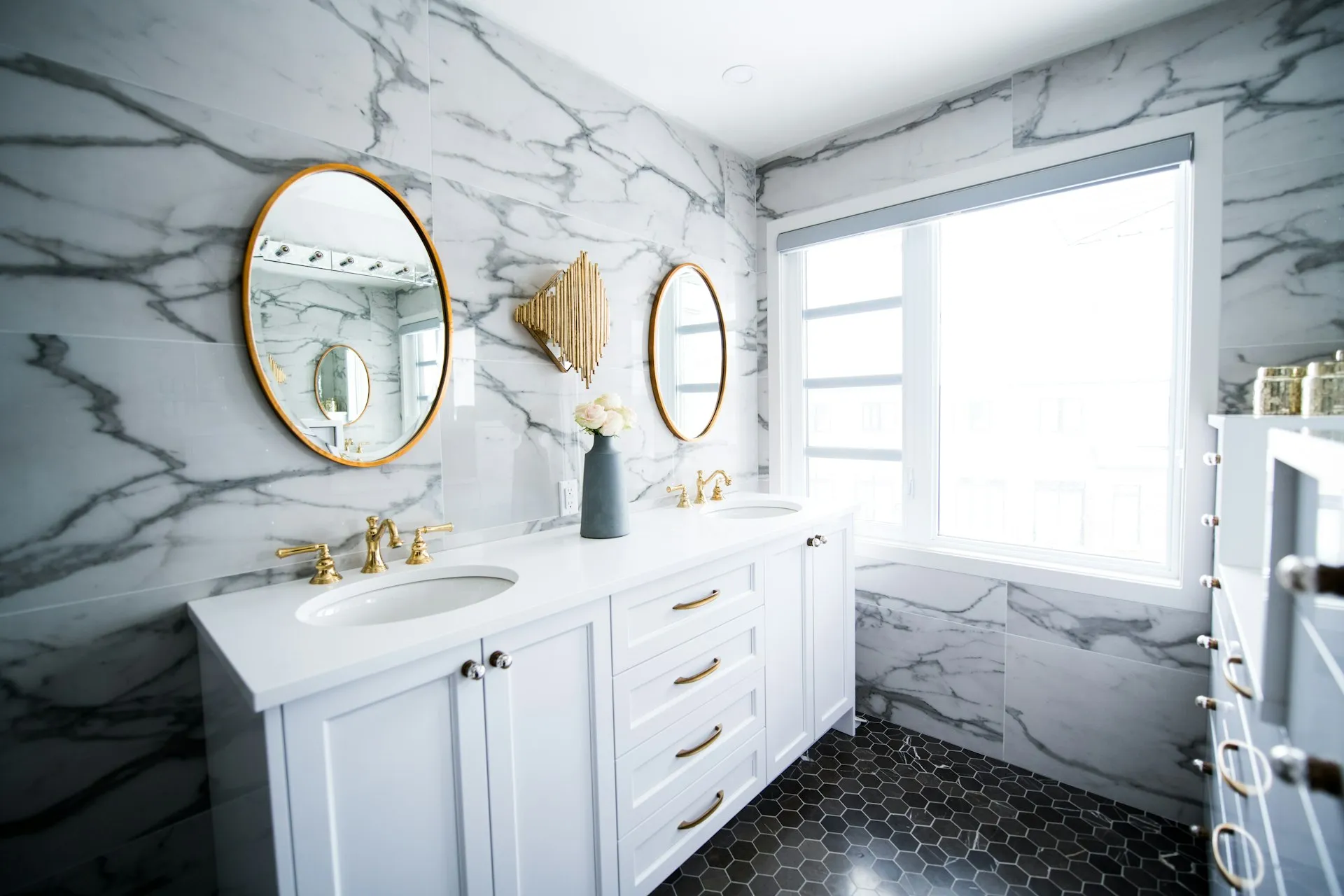 Modern bathroom with dual vanity and large mirror