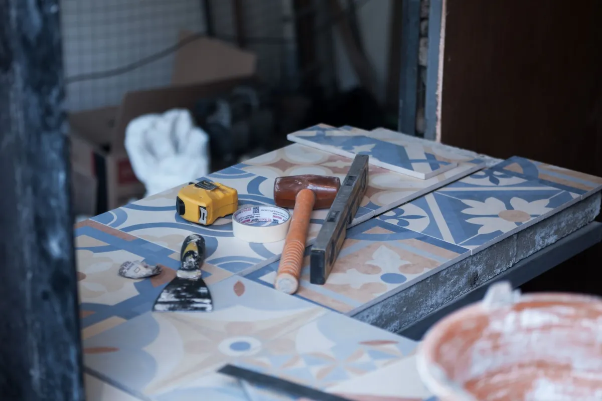 Home improvement tools and building materials organized for a project