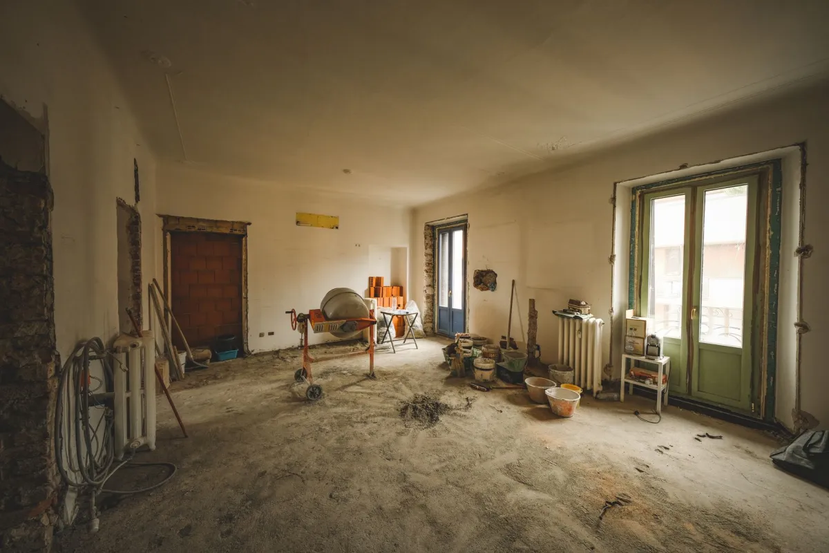 Kitchen mid-remodel showing demolition and construction in progress